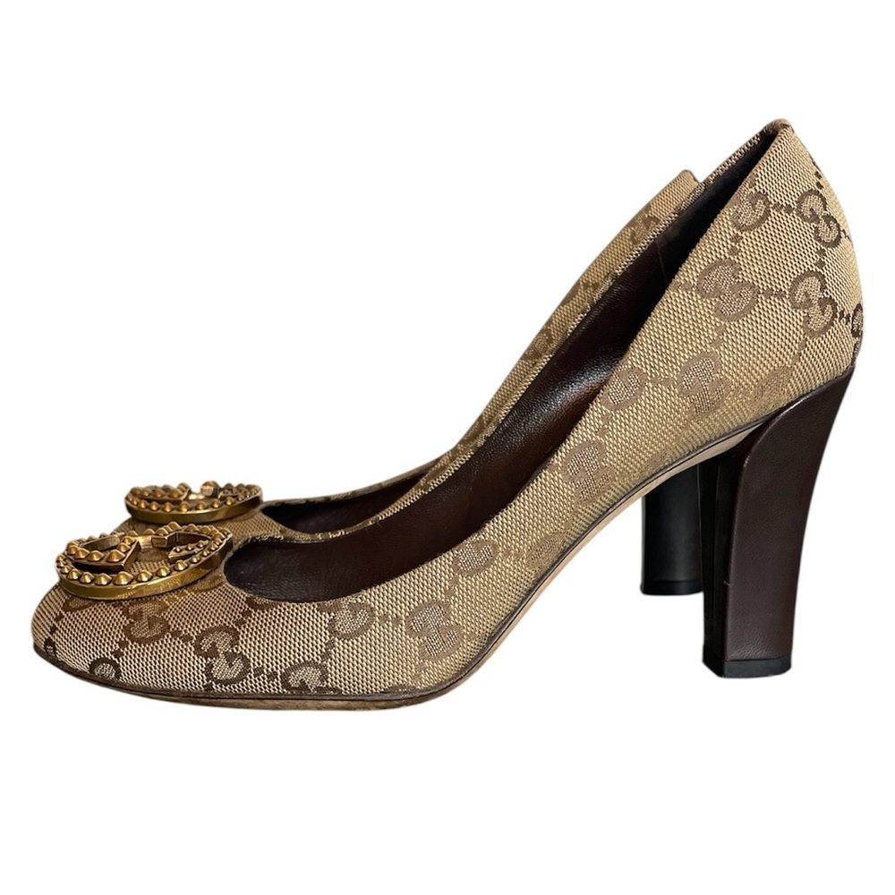 GUCCI Canvas Supreme Interlocking GG Logo Studded Block Heel Pumps \\ 36.5 - Picture 6 of 13